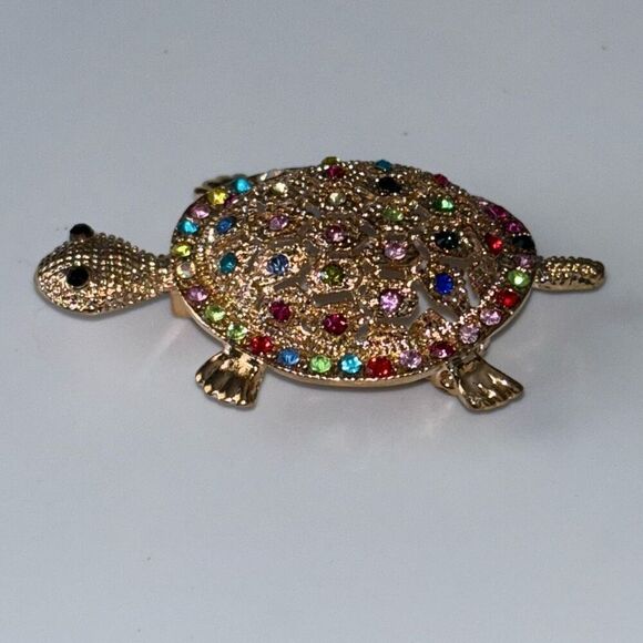 NWT Betsey Johnson turtle rainbow crystal pin/brooch gold - Picture 2 of 7